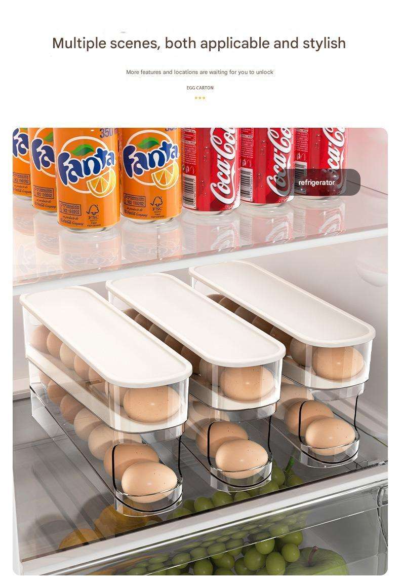 Fridge organizer with eggs and drinks on a white background
