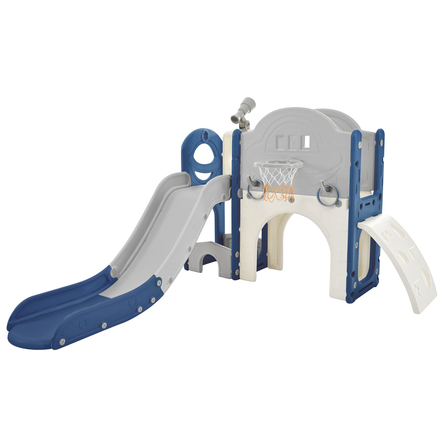 Kids Slide Playset Structure 7 in 1, Freestanding Spaceship Set with Slide, Arch Tunnel Blue+Grey + HDPE - Ectron Online