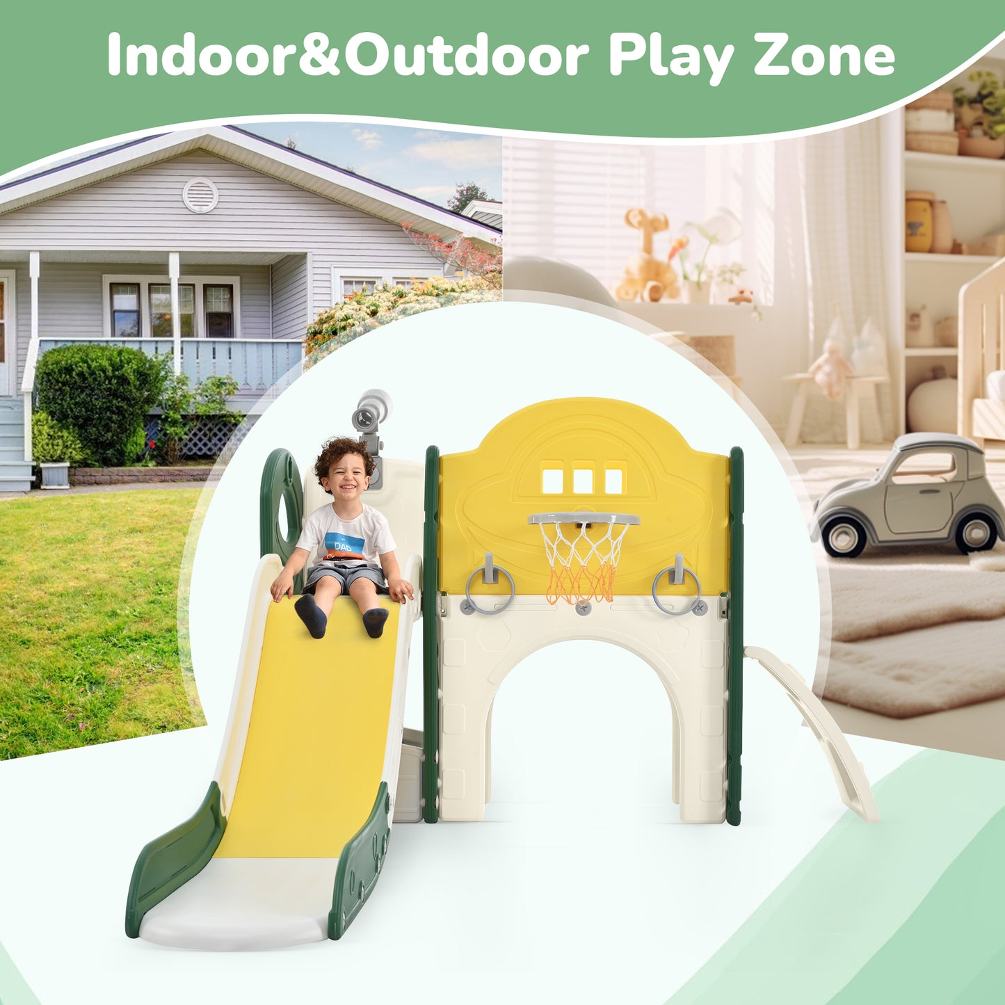Kids Slide Playset Structure 7 in 1, Freestanding Spaceship Set with Slide, Arch Tunnel Yellow + HDPE - Ectron Online