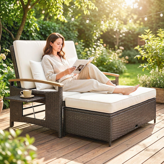 Beige rattan outdoor daybed with adjustable backrest and storage ottoman on a luxury patio with acacia wood armrests