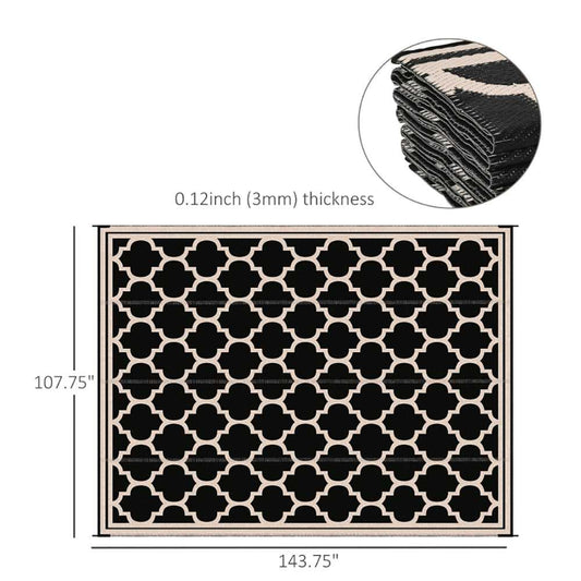 Reversible outdoor rug with black and beige geometric trellis pattern, folding waterproof mat