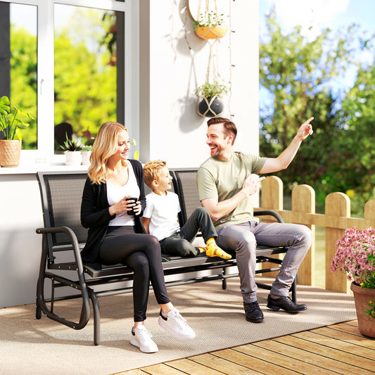 Black 3-person outdoor glider bench for the porch, featuring a sturdy metal frame and breathable mesh fabric for comfortable garden seating.