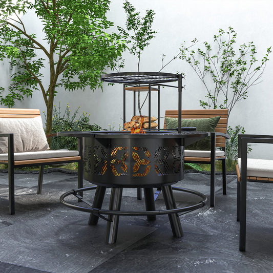 Black 33-inch outdoor wood burning fire pit used as a charcoal BBQ grill with a cooking grate and poker