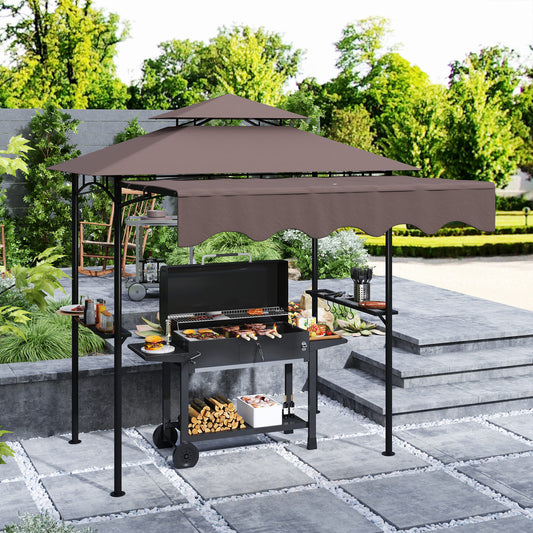 Brown 8' x 5' outdoor grill gazebo shelter featuring a retractable side awning, two side prep shelves, and hanging hooks for barbecue accessories.