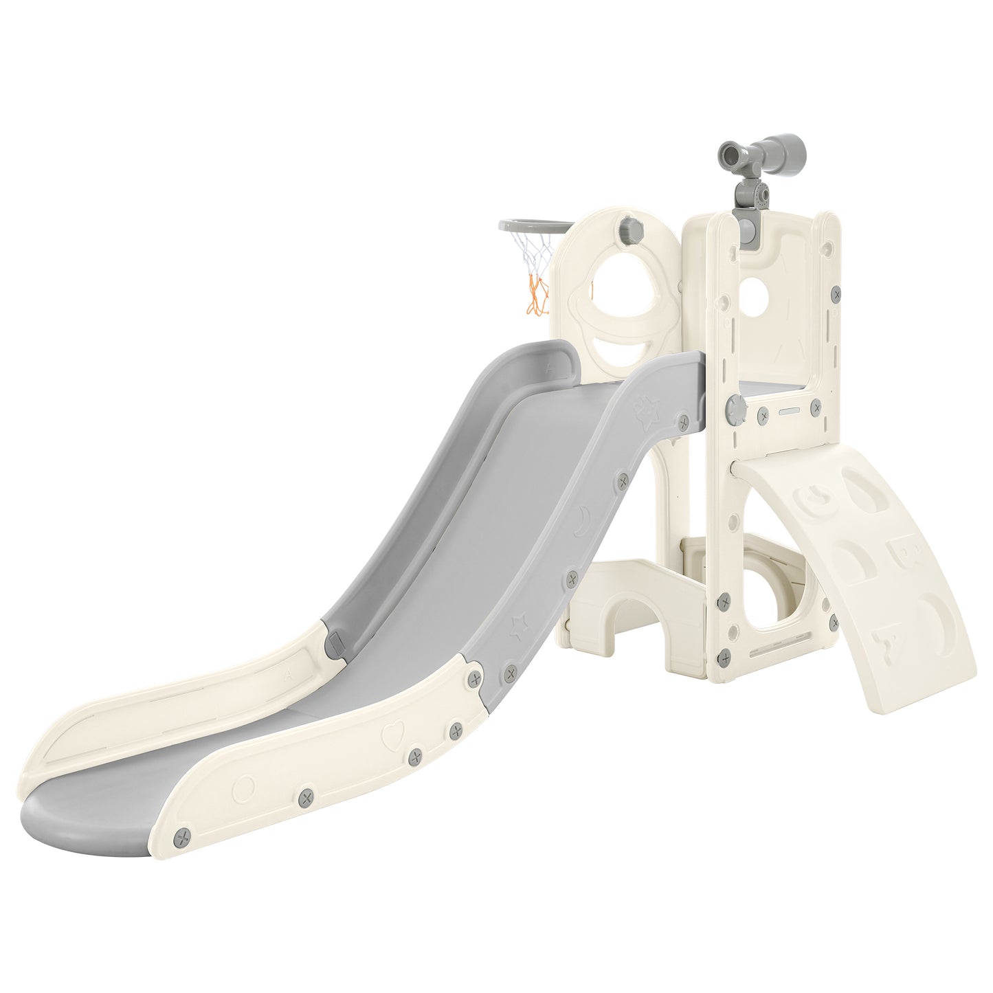Kids Slide Playset Structure 5 in 1, Freestanding Spaceship Set with Slide, Telescope and Basketball Hoop Grey+White + HDPE - Ectron Online