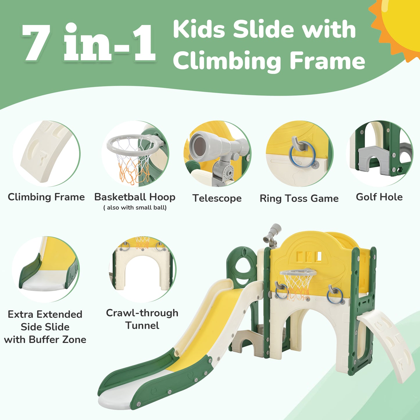 Kids Slide Playset Structure 7 in 1, Freestanding Spaceship Set with Slide, Arch Tunnel Yellow + HDPE - Ectron Online