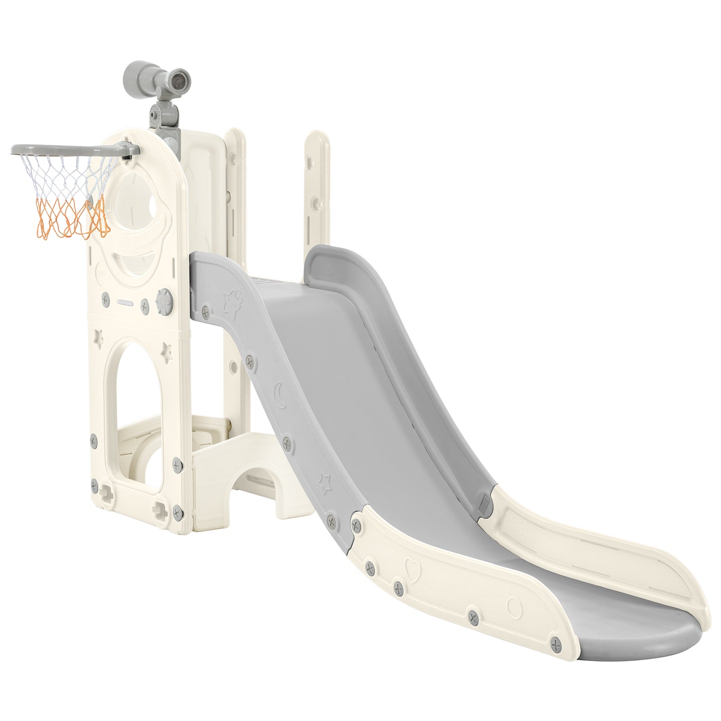 Kids Slide Playset Structure 5 in 1, Freestanding Spaceship Set with Slide, Telescope and Basketball Hoop Grey+White + HDPE - Ectron Online