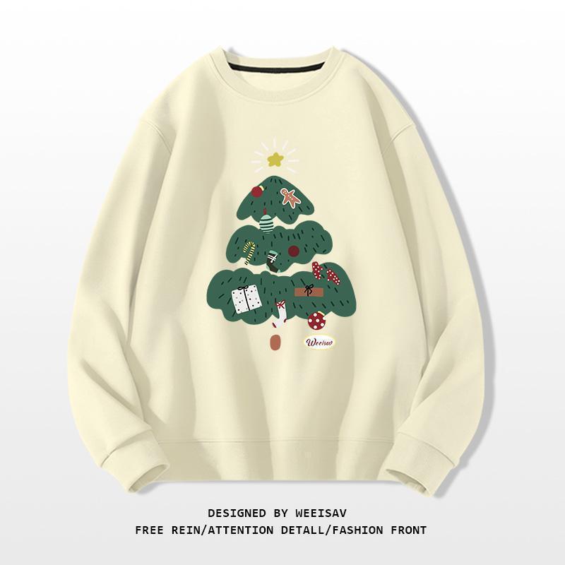 Beige sweatshirt with a green Christmas tree design on a white background