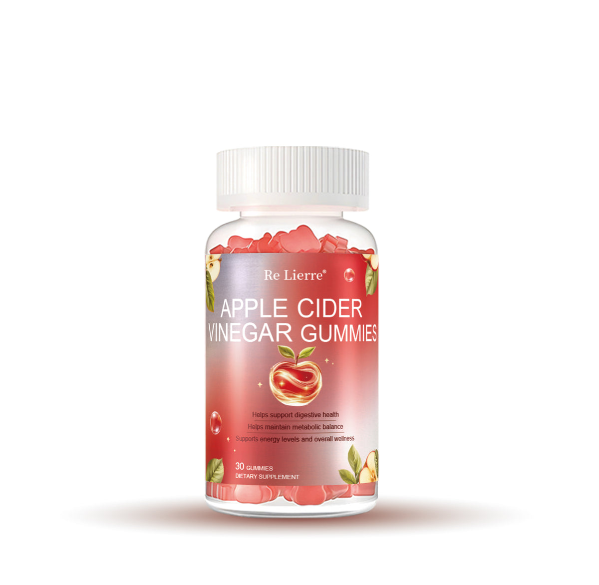 Apple cider vinegar gummies bottle with red label and white screw cap, 30 gummies.