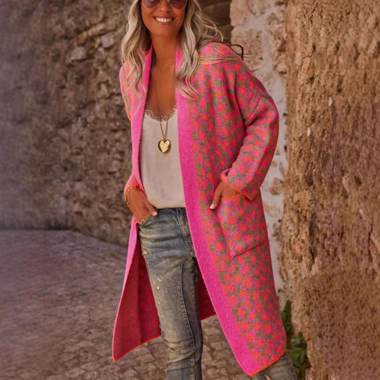 Contrast Leopard Print Long Knitwear Coat