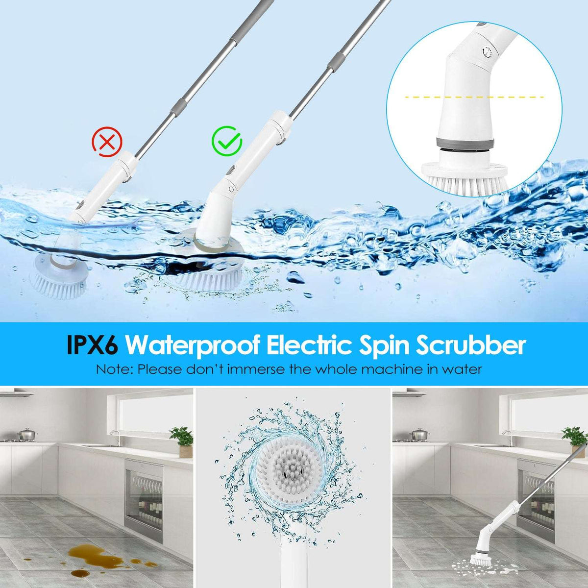 White electric spin scrubber with rotating brush head on long extension poles