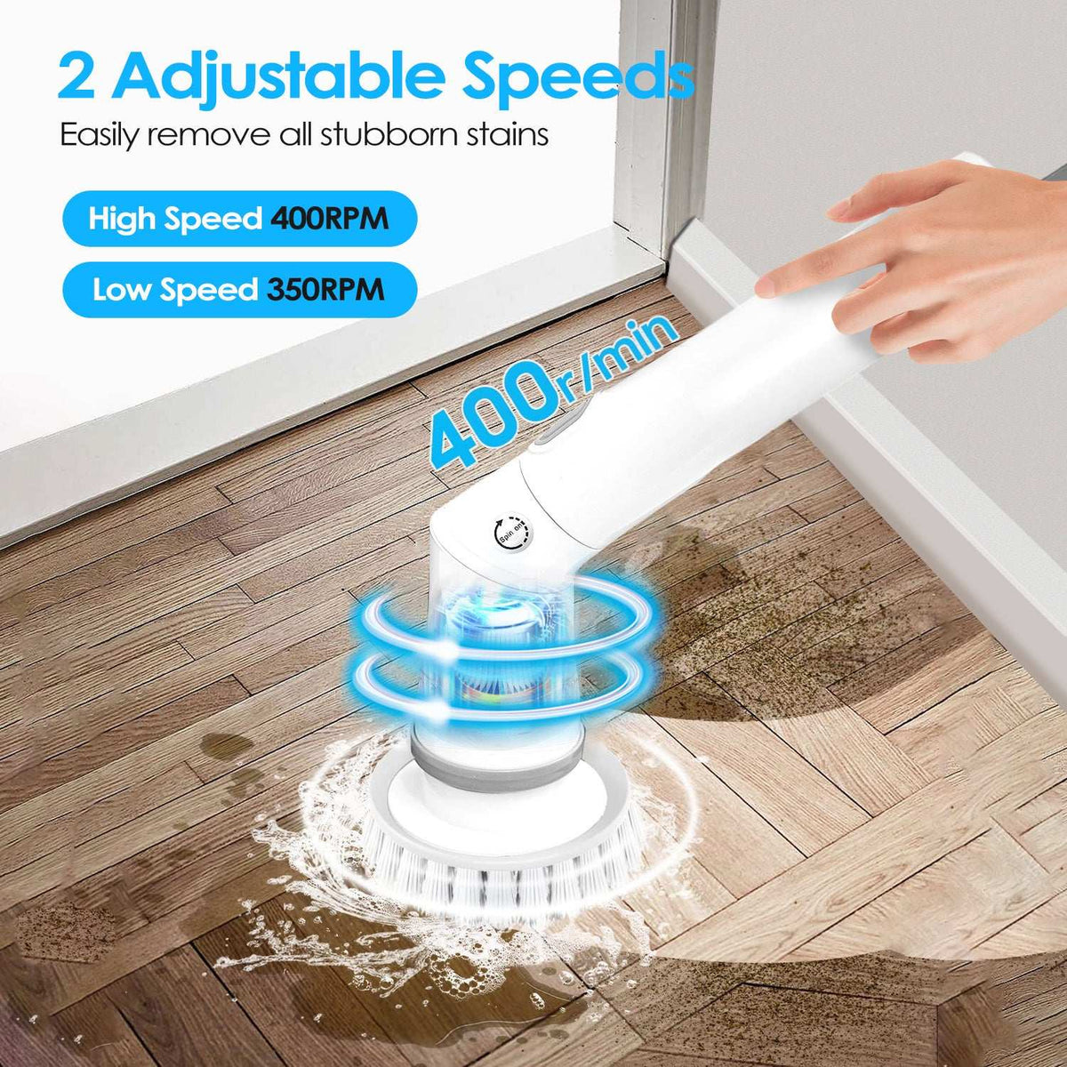 White electric spin scrubber with rotating base and circular scrub brush head