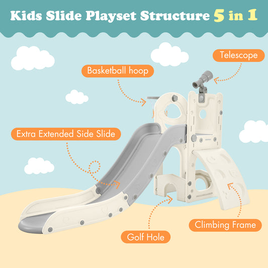 Kids Slide Playset Structure 5 in 1, Freestanding Spaceship Set with Slide, Telescope and Basketball Hoop Grey+White + HDPE - Ectron Online