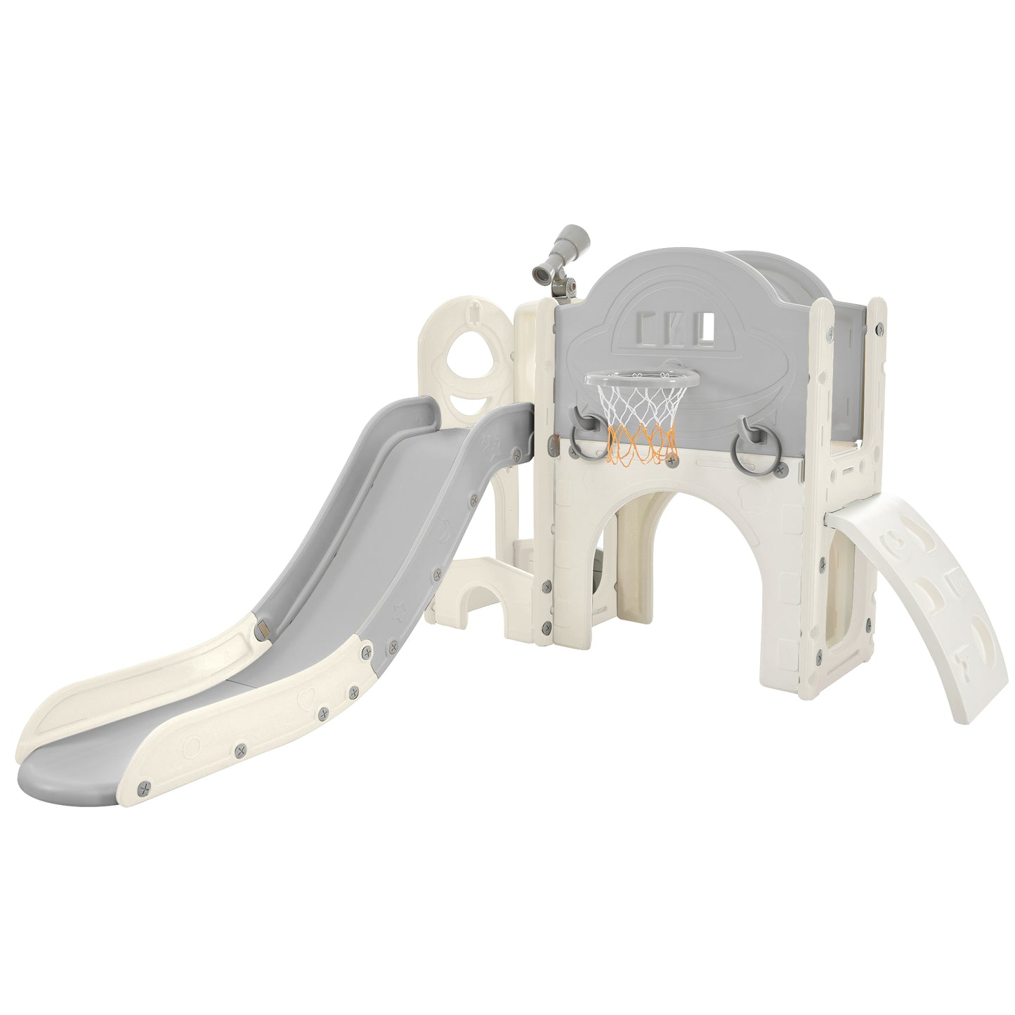 Kids Slide Playset Structure 7 in 1, Freestanding Spaceship Set with Slide, Arch Tunnel Grey+White + HDPE - Ectron Online