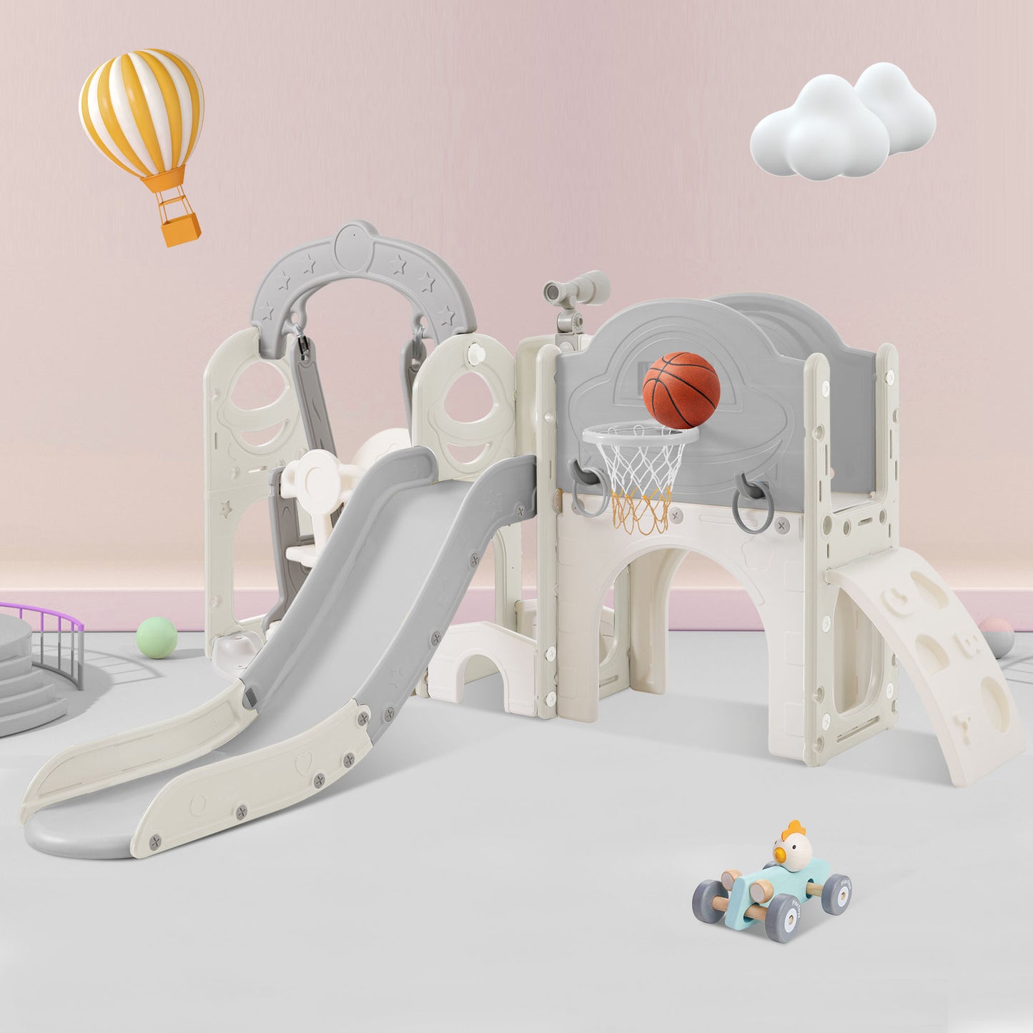 Toddler Slide and Swing Set 7 in 1, Kids Playground Climber Slide Playset with Basketball Hoop Freestanding Combination - Ectron Online