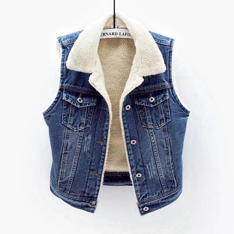 Denim vest with white sherpa lining on a white background