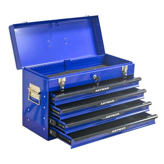Durable blue 20-inch steel portable tool box with storage drawers and a heavy-duty metal lock closure