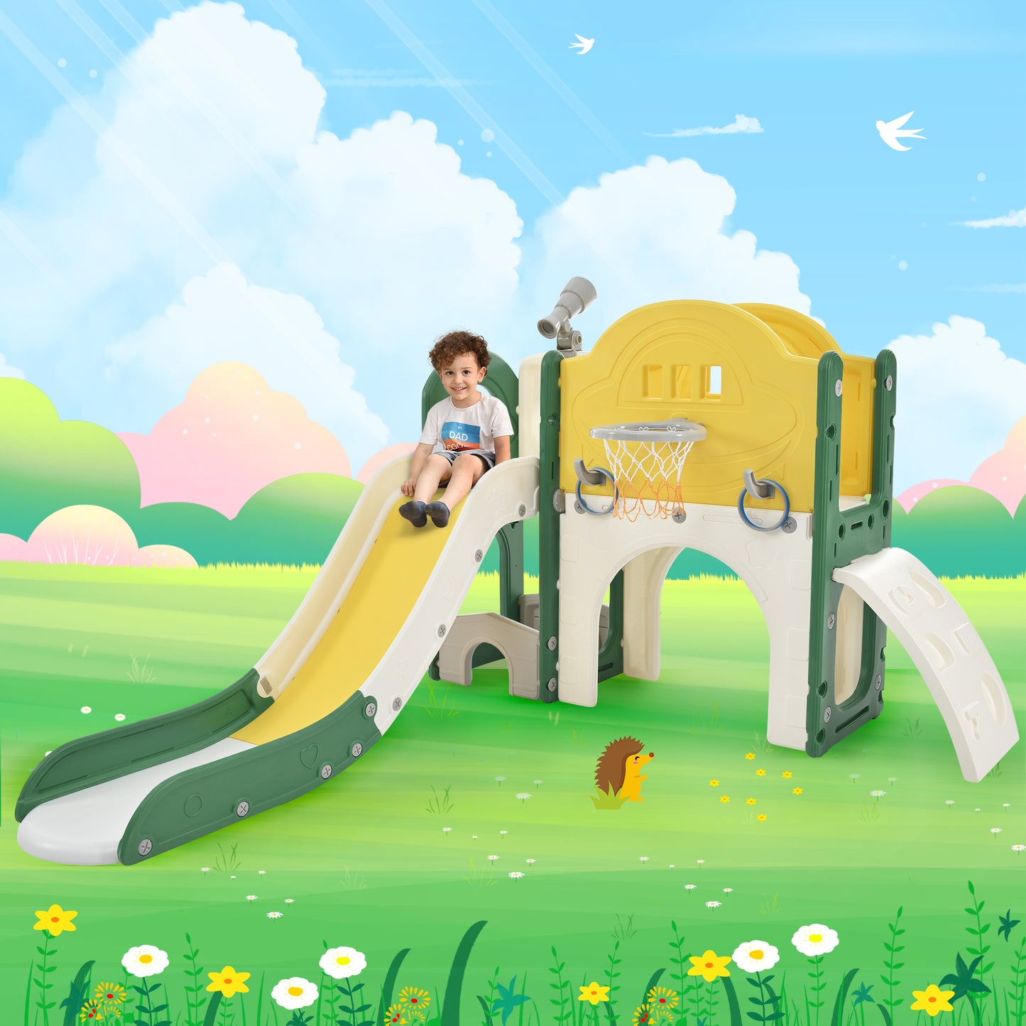 Kids Slide Playset Structure 7 in 1, Freestanding Spaceship Set with Slide, Arch Tunnel Yellow + HDPE - Ectron Online