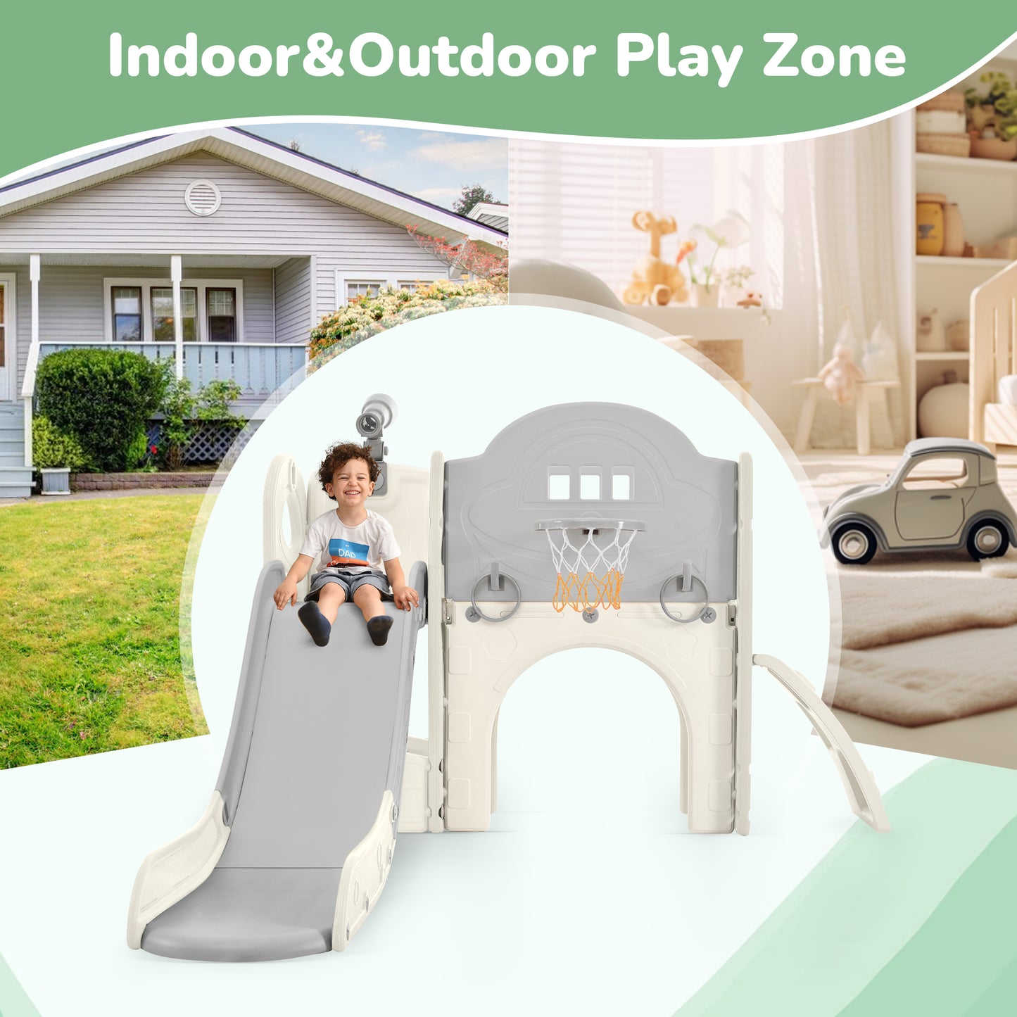 Kids Slide Playset Structure 7 in 1, Freestanding Spaceship Set with Slide, Arch Tunnel Grey+White + HDPE - Ectron Online