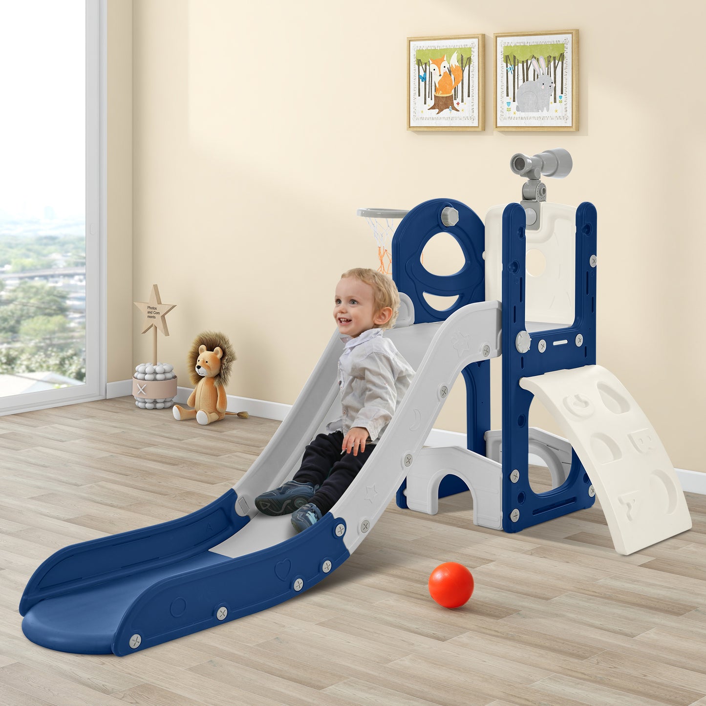 Freestanding Spaceship Set with Slide, Telescope and Basketball Hoop, Golf Holes for Toddlers, Kids Climbers Playground - Ectron Online