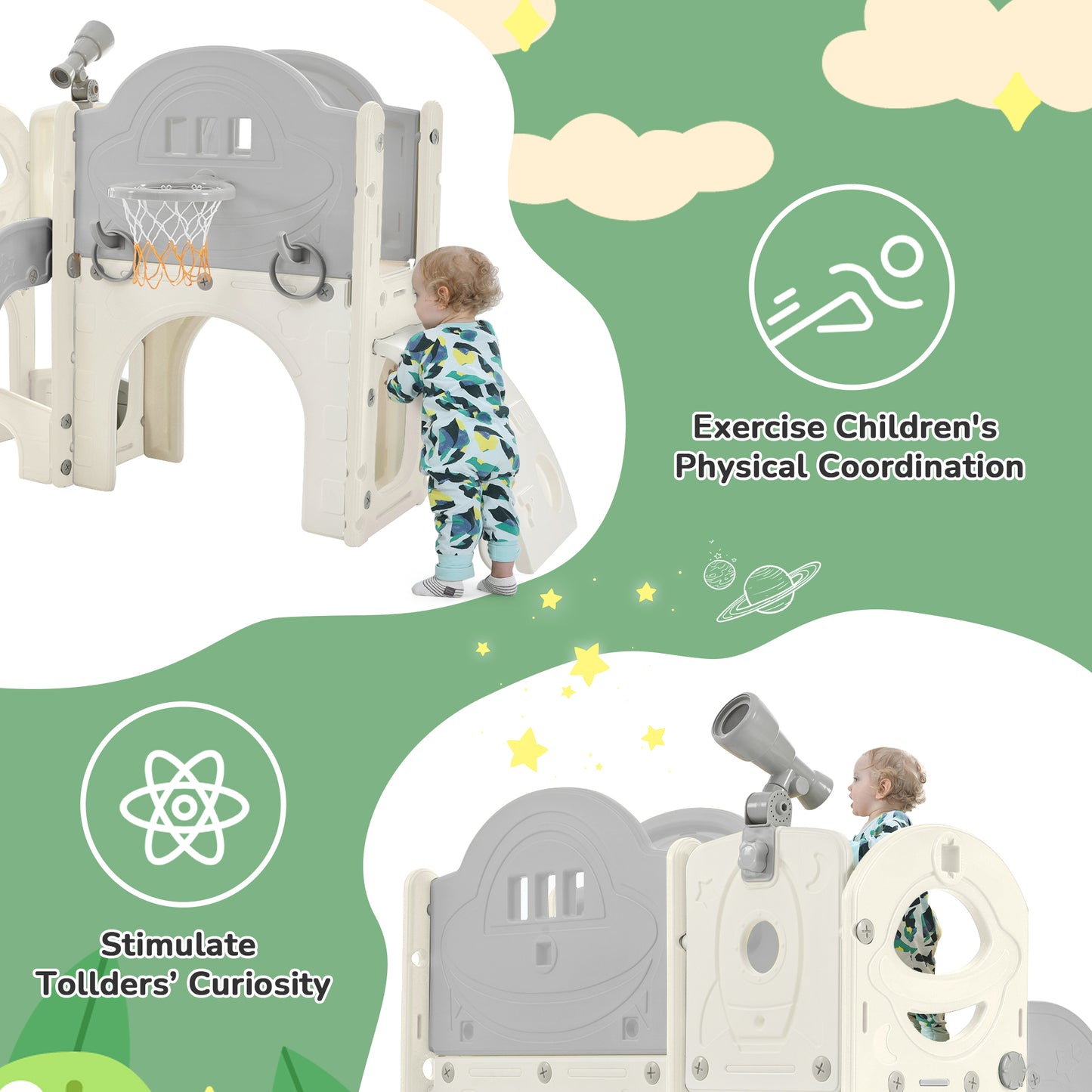 Kids Slide Playset Structure 7 in 1, Freestanding Spaceship Set with Slide, Arch Tunnel Grey+White + HDPE - Ectron Online