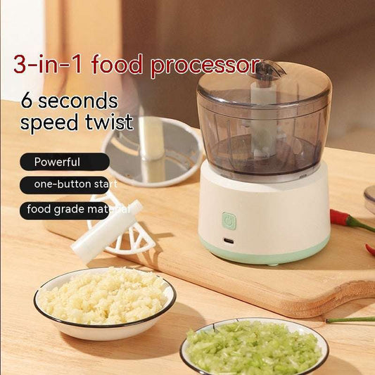 3-in-1 food processor on a wooden surface with ingredients and text highlighting features.