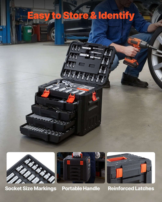 Extensive 297-piece silver mechanic tool set with sockets, wrenches, and accessories neatly organized in a durable black storage case