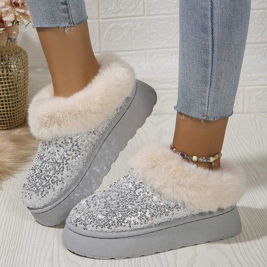 Fashion Sequined Thick-soled Plush Shoes Winter Indoor And Outdoor Casual Warm Slippers Women Garden House Shoes