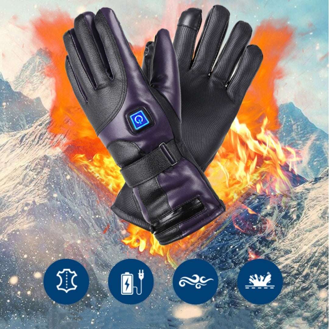 Heated motorcycle gloves in purple and black with textured palm and power control