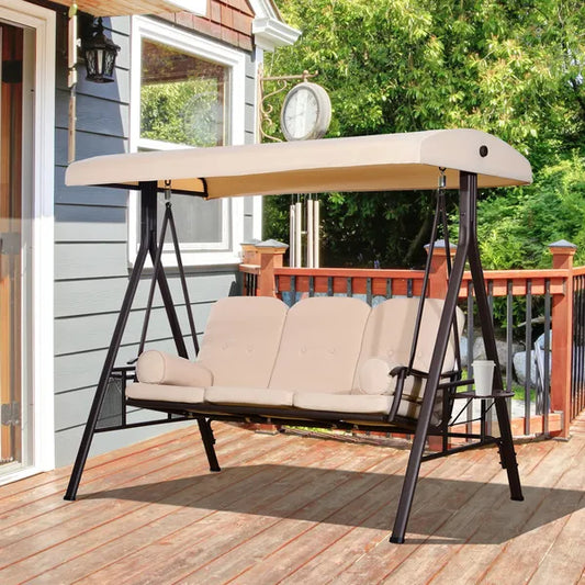 Hanging garden hammock swing chair installed in a backyard patio setting