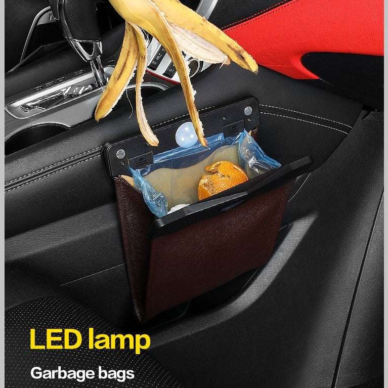Car trash can organizer with brown fabric bin and open top holding small items