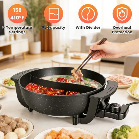 Large 6-liter electric hot pot with a dual-flavor divider, steaming with two different broths and surrounded by fresh ingredients and included cooking tools