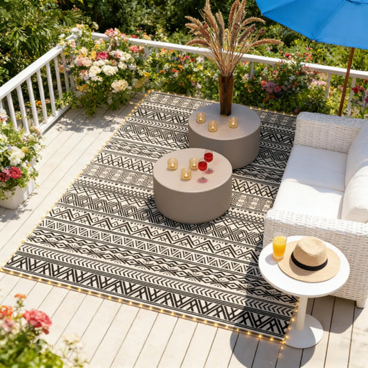 Large lightweight reversible outdoor rug placed next to a camping tent in a grassy field