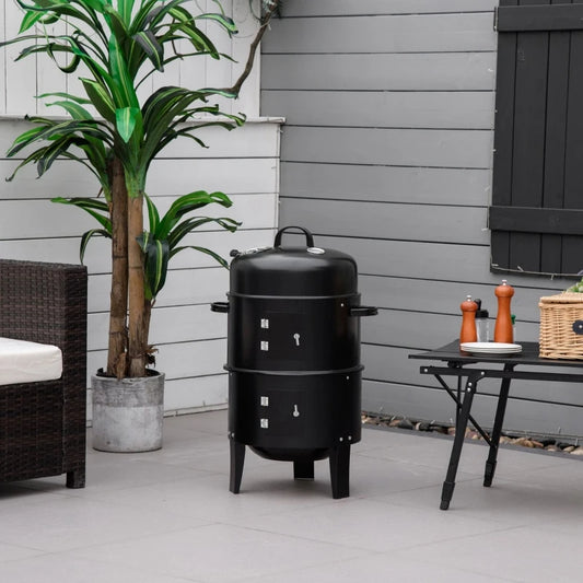 Master outdoor cooking with this 3-in-1 vertical charcoal smoker. Features two spacious cooking areas and a built-in thermometer for precise smoking and grilling.