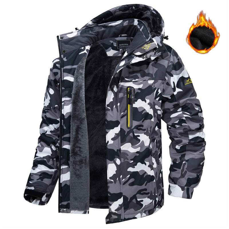 Camo hooded fleece-lined parka with full front zipper and side pockets