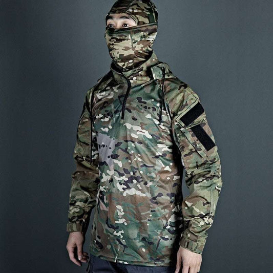 Person wearing a camouflage tactical jacket with a dark gray background