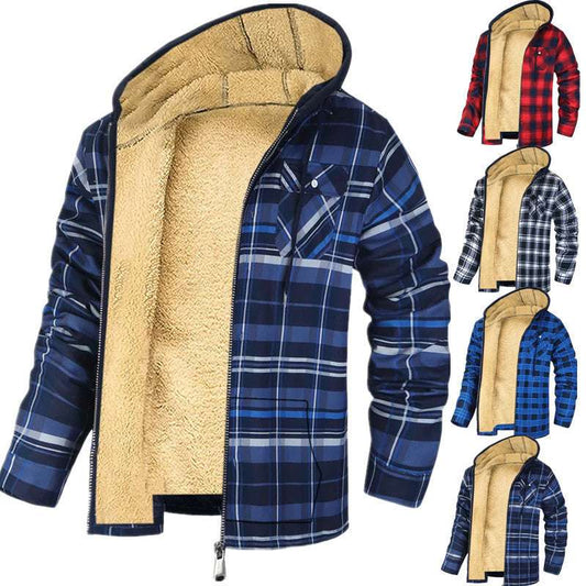 Men's Plaid Hooded Zip-Up Jacket - Thickened Winter Coat Men's Plaid Print Hooded Zip-Up Jacket W | Ectron Online