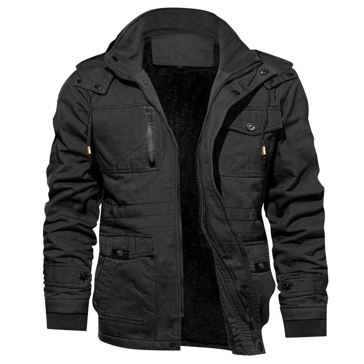 Black jacket with multiple pockets and zippers on a white background