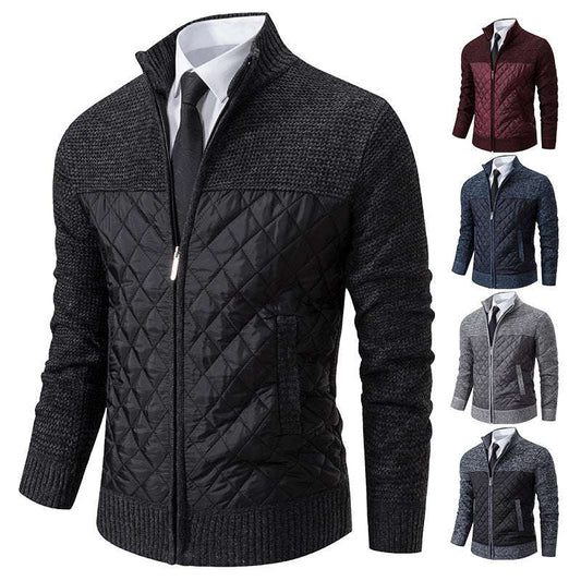 Black quilted jacket with white shirt and tie on a white background, surrounded by other color options.