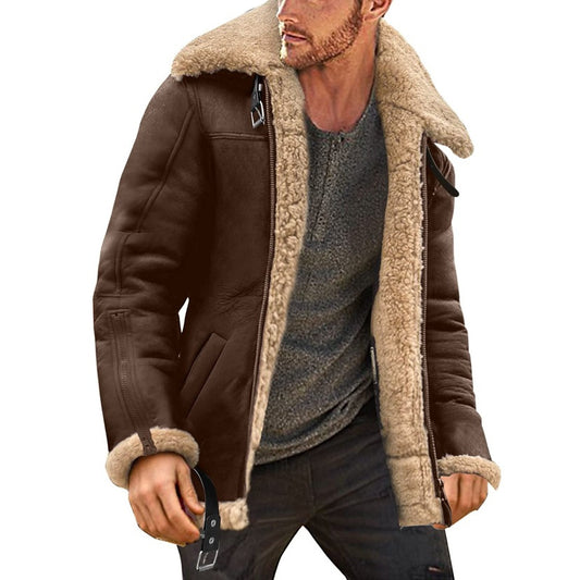 Man wearing a brown shearling jacket