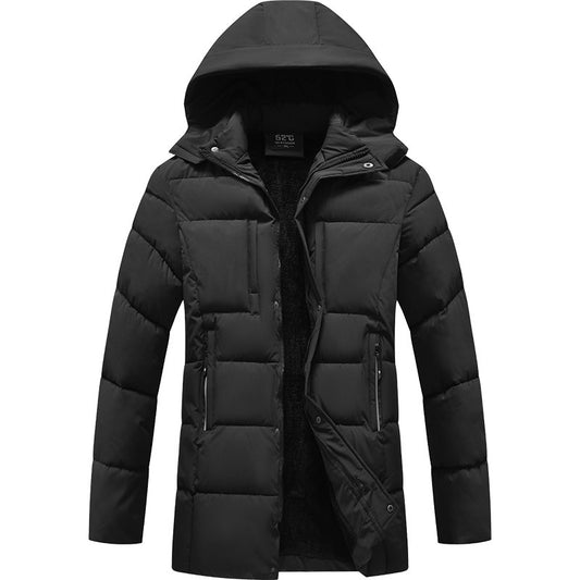 Black puffer jacket with a hood on a white background