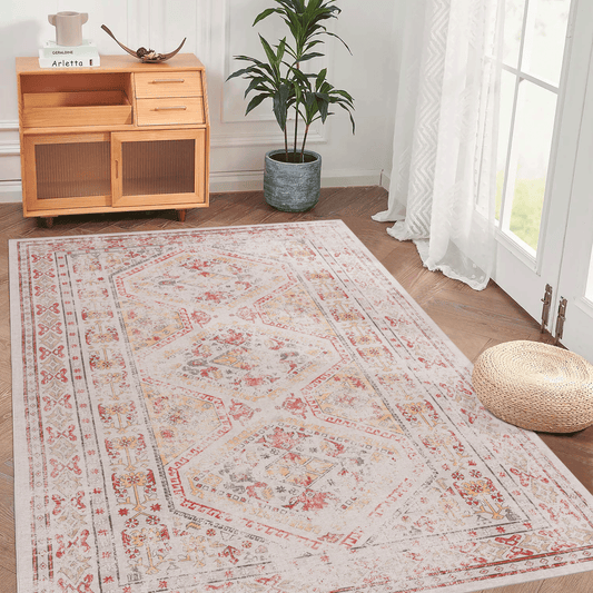 Minimalist 5x8 beige area rug from the Maval collection, featuring a machine-washable fabric and a clean, neutral design for modern interiors.