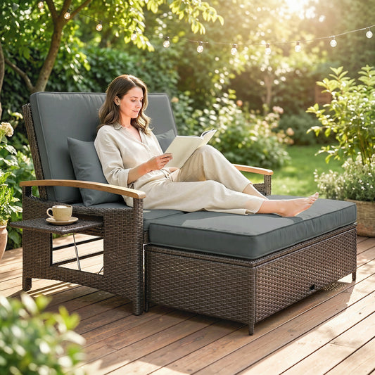 Mixed gray rattan outdoor daybed with adjustable backrest and acacia wood armrests featuring a storage ottoman