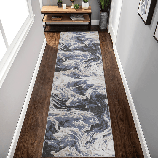 Modern 2x8 runner rug from the Payas Collection featuring a light blue and white abstract pattern, ideal for hallways and entryways.