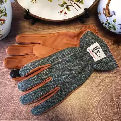 Motorcycle leather gloves set: green tweed-look palms with brown leather cuffs