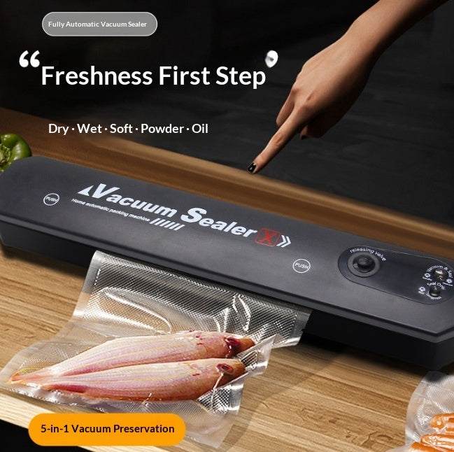 Black fully automatic vacuum sealer sealing a vacuum pouch