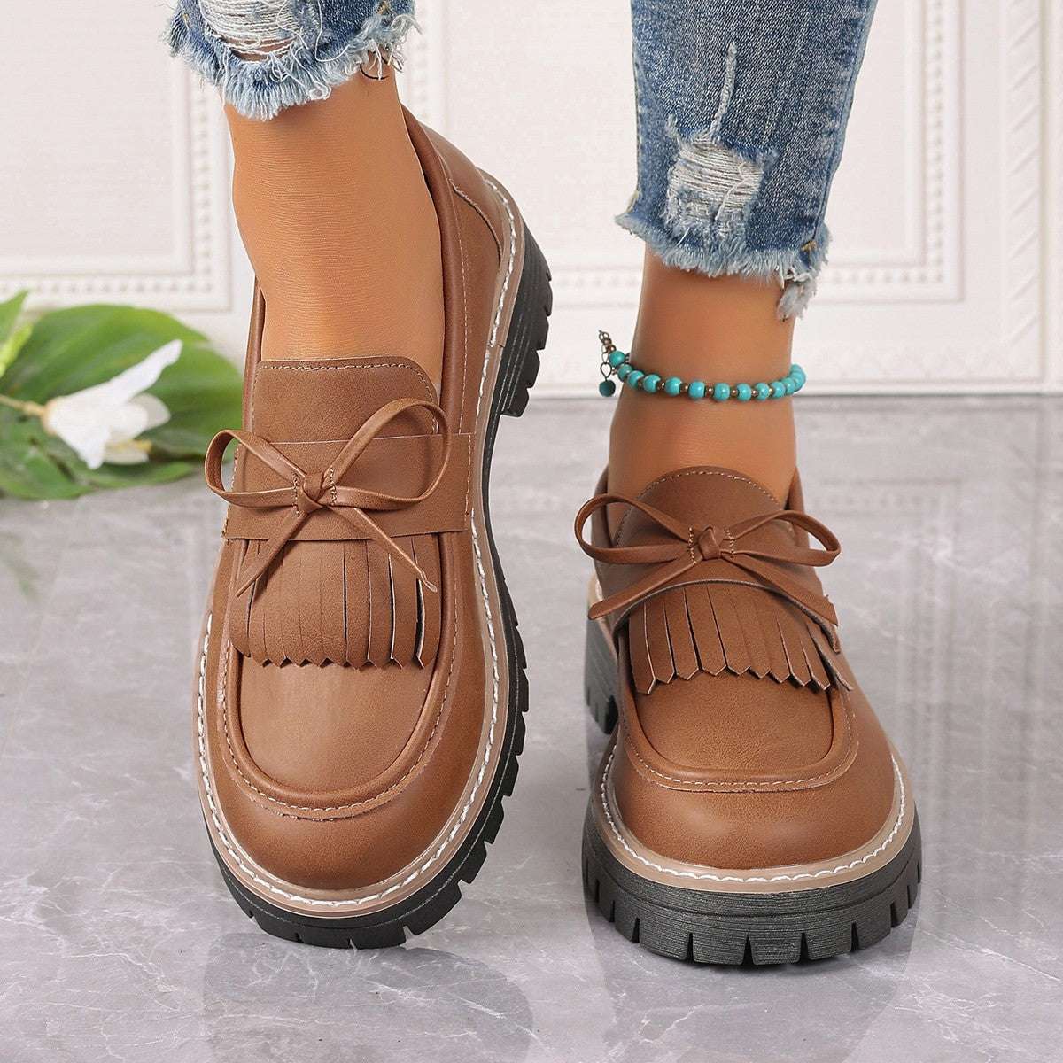 Plus Size Loafers Women Tassel Thick Heel Bowknot
