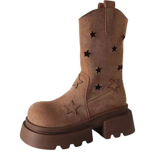 Five-Star Hollow-Out Denim Platform Ankle Boots Five-star Hollow-out Platform Western De | Ectron Online