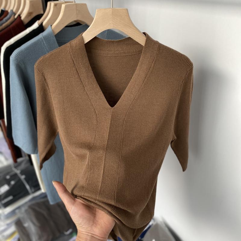 Ice Silk Slim Fit Slim Looking Base Knitwear Short Sleeve