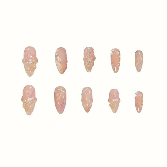 Almond Floral Fake Nails – Removable & Elegant Style Almond Nail Pure Flower Wear Nail Remova | Ectron Online